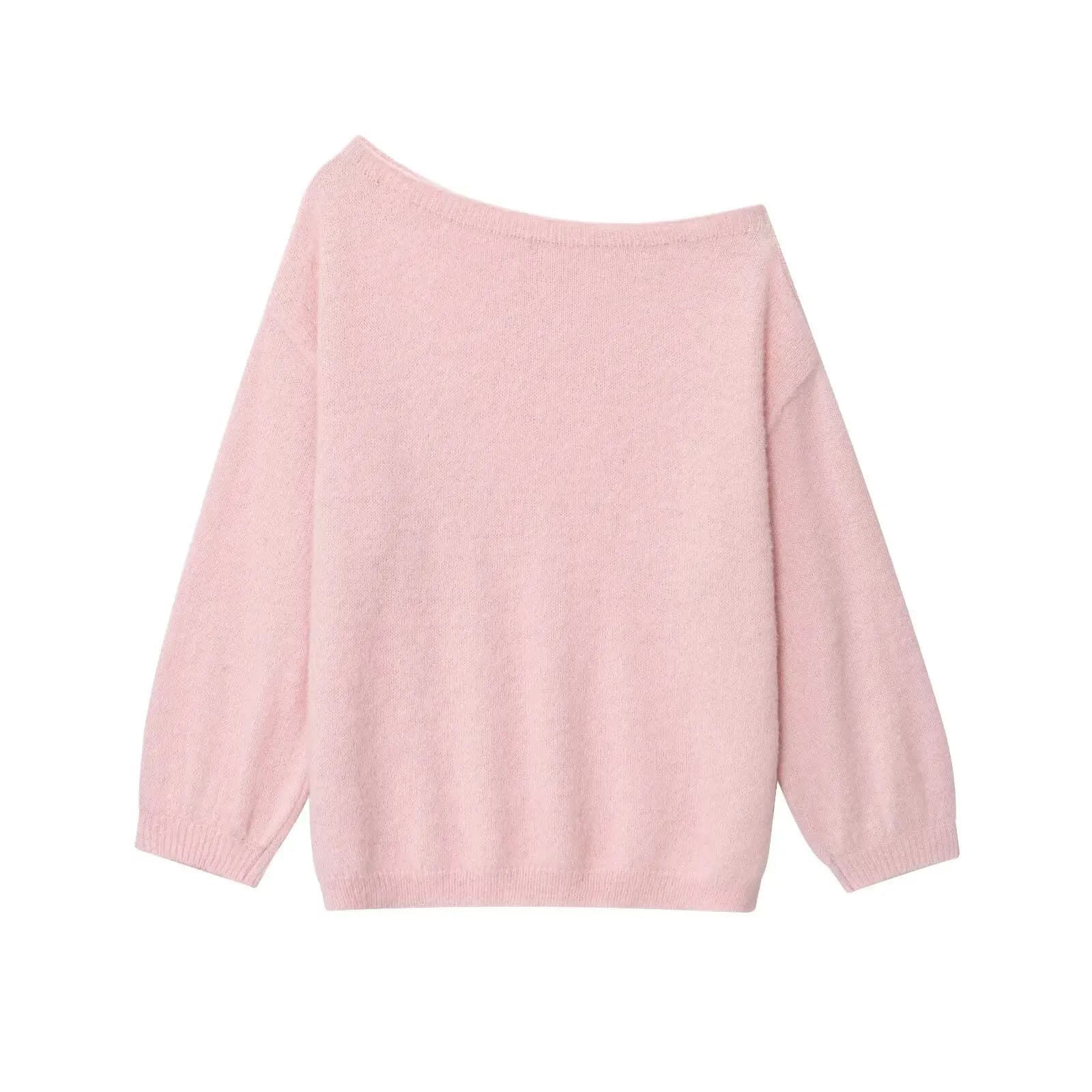 Rose pull ample pull femmes automne nouveau col incliné à manches longues tricoté chandails doux déc