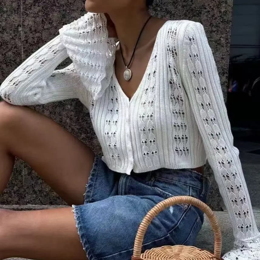 Cardigan court jaune d'été pour tenue décontractée, style évidé Dopamine, manches cloche, protection