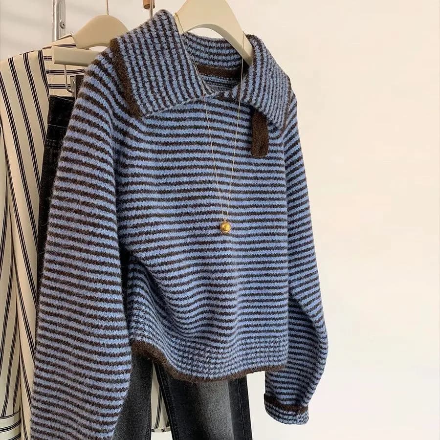 Pull rayé à revers bleu pour Femme, haut tricoté, décontracté, mode coréenne, tendance, nouvelle col