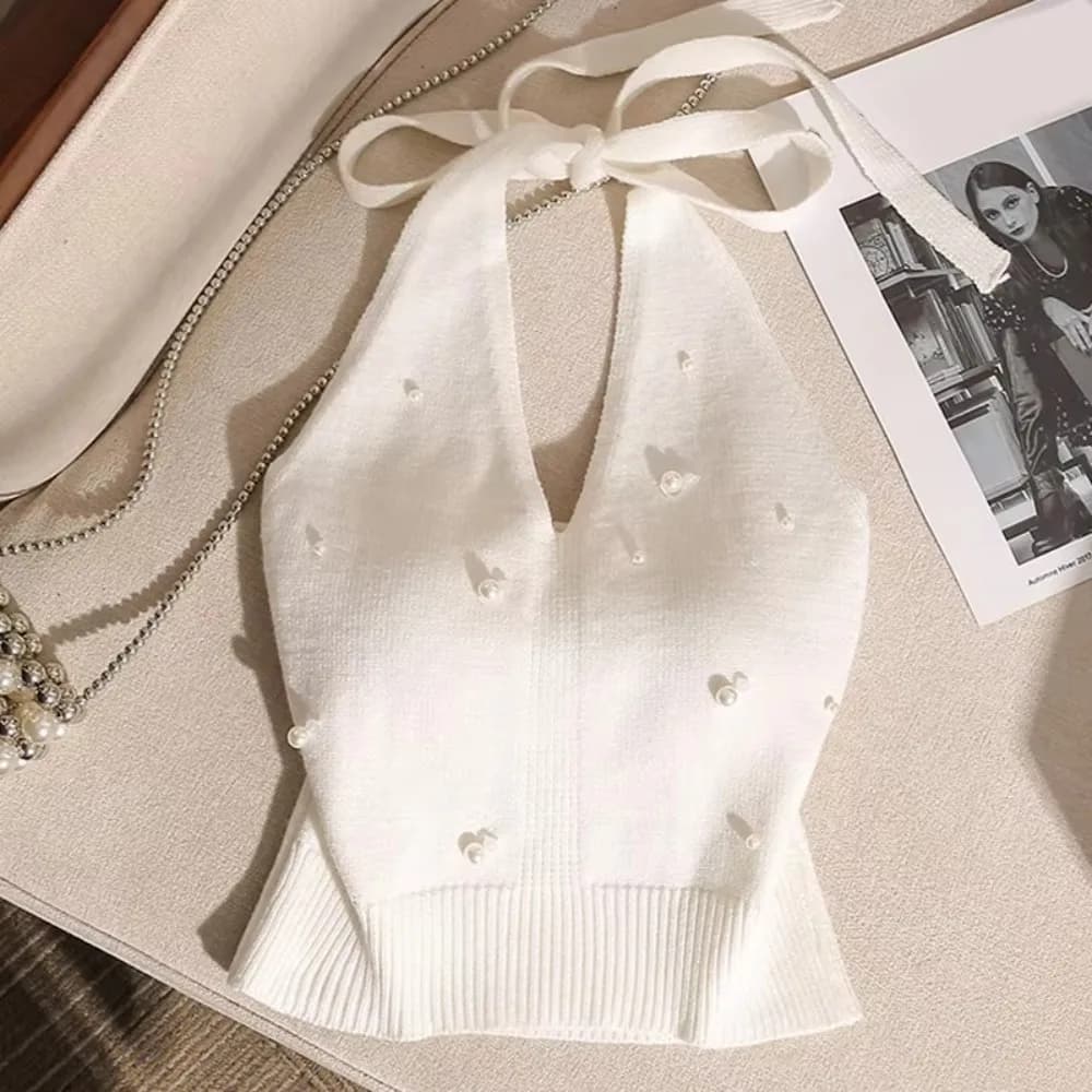 Gilet sans dos en tricot avec perles françaises, ornements perlés, style licou avec détail de nœud à