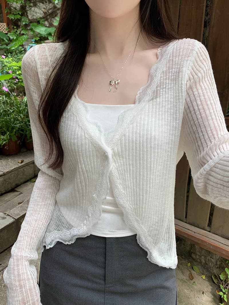Cardigan en tricot côtelé pour femmes, garniture en dentelle, un bouton, manches longues, haut court