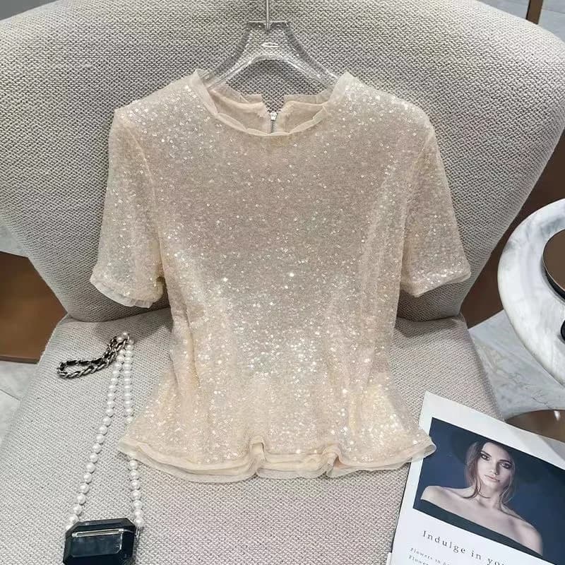 Été nouveau col rond mode à manches courtes T-shirt femmes haute rue décontracté ample paillettes pu