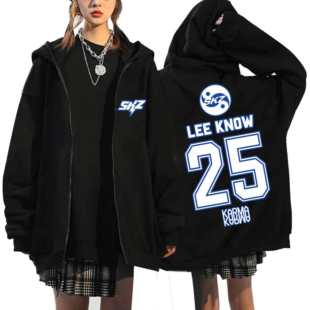KPOP KARMA Sweat à capuche zippé imprimé à la mode décontracté ample doublé polaire à manches longue