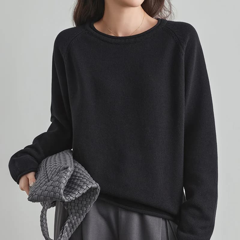Pull en coton 100% pour femmes, haut d'automne et d'hiver, col rond, couleur unie, épais, chaud, tri