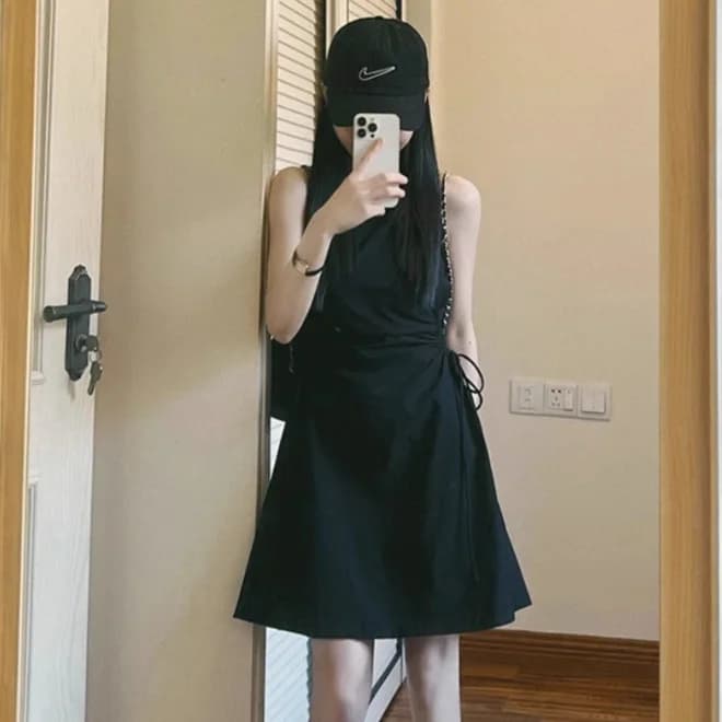 Gilet sans manches robe noire été à lacets jupe courte amincissante