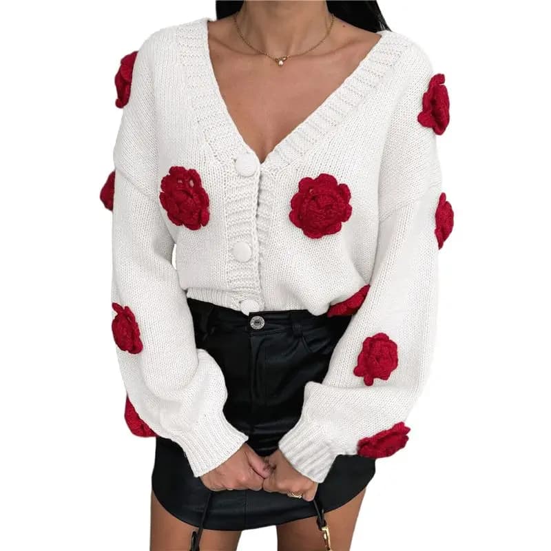 BTLIFE - Cardigan court à fleurs pour femmes, automne hiver, décontracté, tricot floral, veste, bout