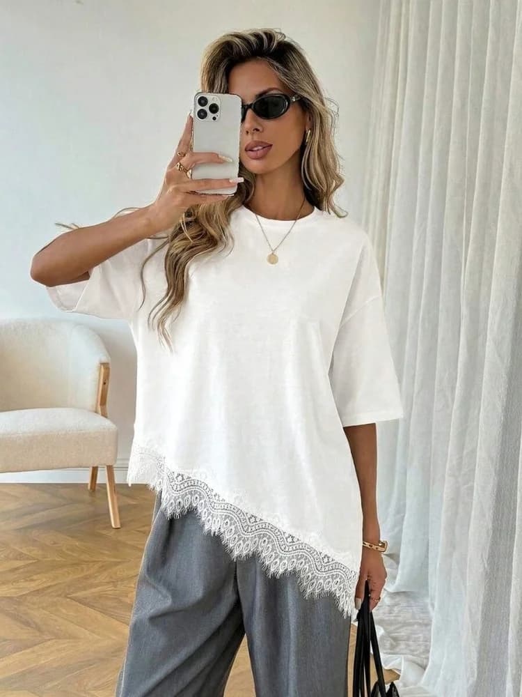 T-shirt pour femme à col rond en dentelle, couleur unie, manches courtes, ourlet asymétrique, été, l
