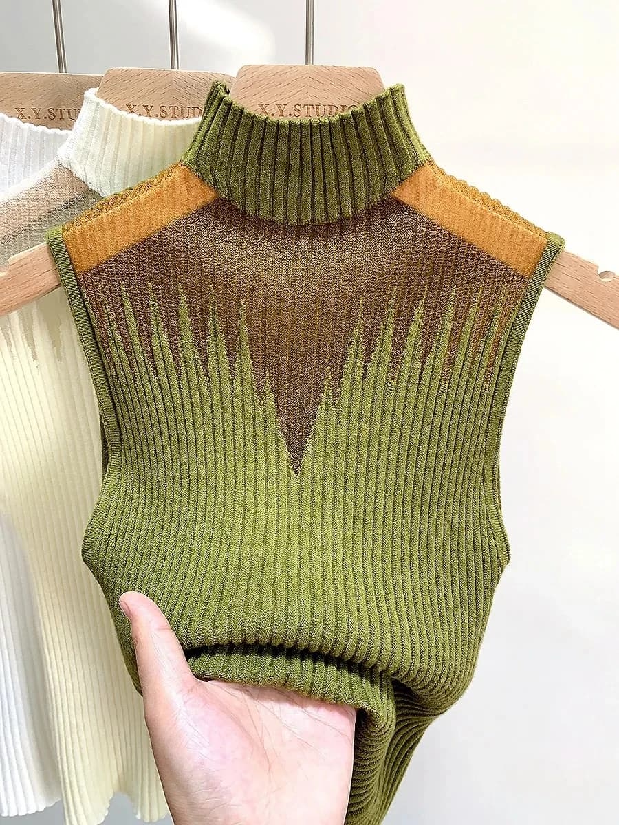 Haut tricoté en maille pour femmes, débardeur Y2K, gilet demi-cou, pull sans manches, Chic, découpé,