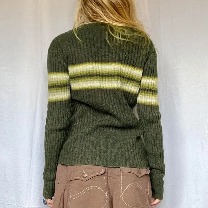 Pull à col en v rayé contrasté pour femme, haut chaud et Slim en tricot, Style Vintage, automne et h