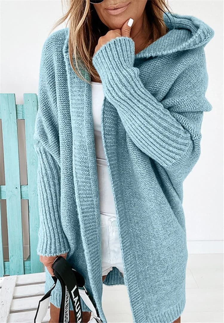 Cardigan long à capuche gris et bleu pour femme, coupe oversize, ouvert sur le devant, en maille, co