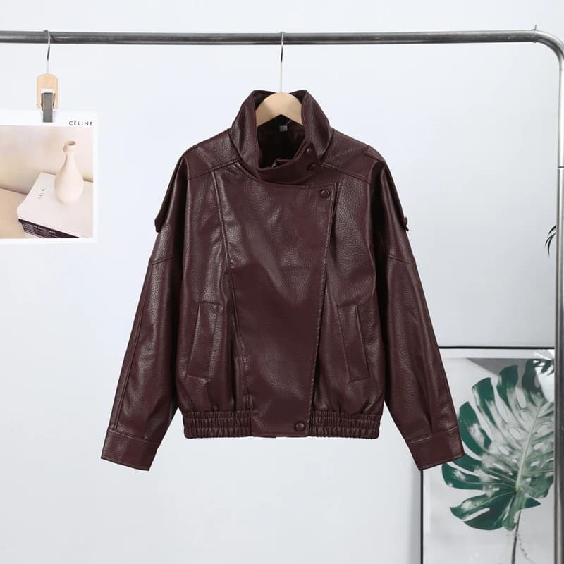 Vestes en cuir pour femmes, col montant, coupe-vent, manteaux amples pliables, Style Locomotive, vêt