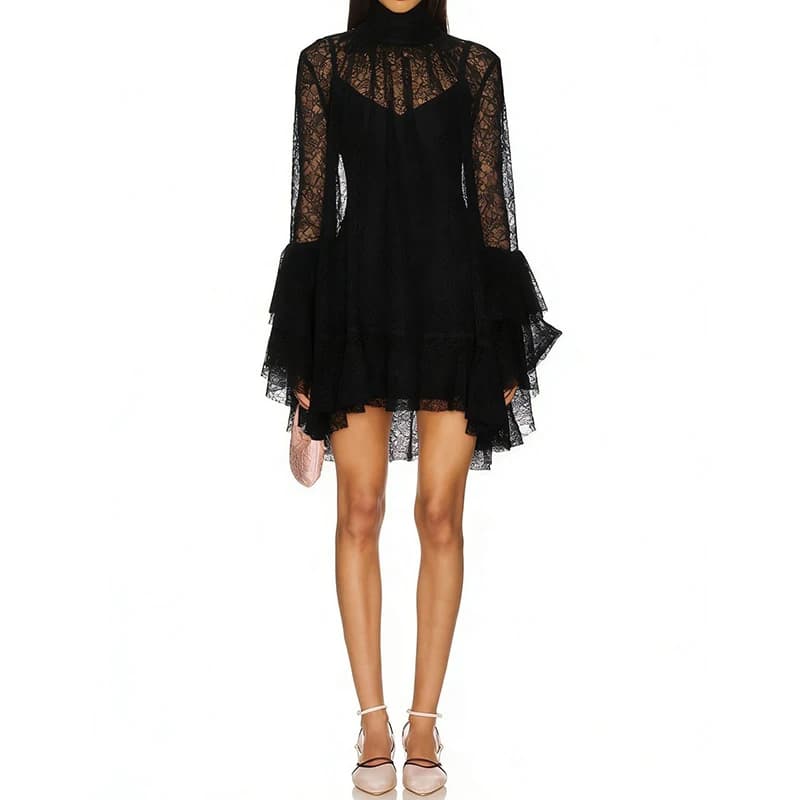 Robe Courte de Plage Décontractée pour Femme à Manches Évasées, Col Montant Sexy, Transparente en De