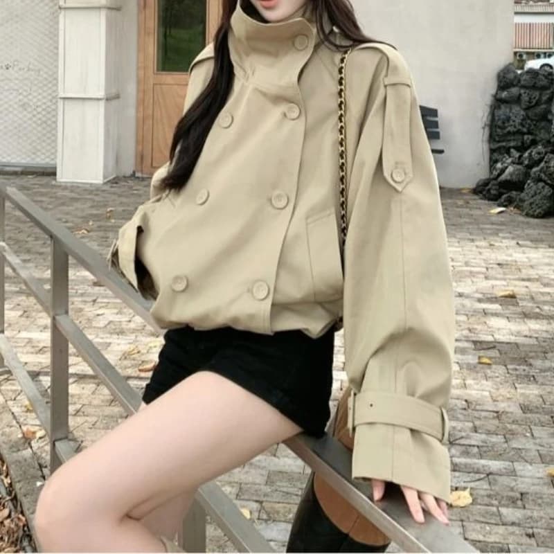 Nouveau Trench-Coat élégant à col montant pour femmes, haut polyvalent ample kaki à Double boutonnag