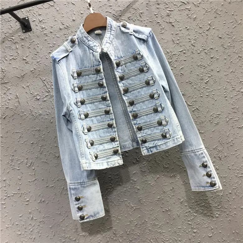 Veste en jean vintage bleue à col montant pour femme, coupe ajustée, double boutonnage, courte, pour