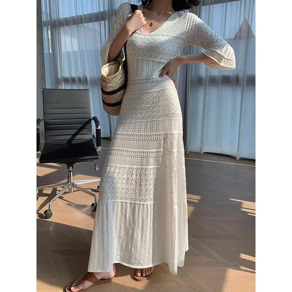Robe longue tricotée ajourée, nouvelle collection, effet amincissant, taille haute, style estival ha