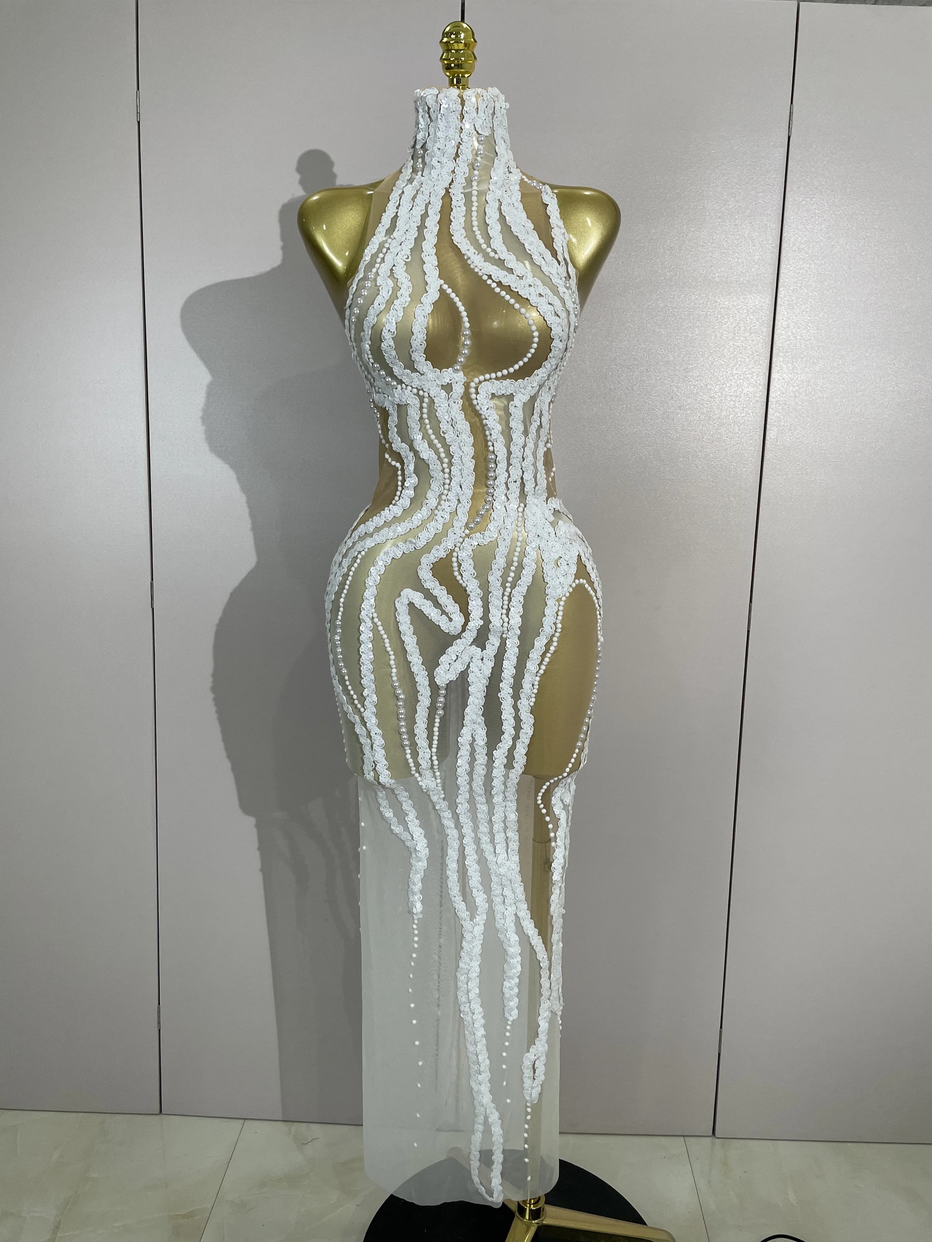 Robe longue sexy en maille transparente pour femme, élégante, avec perles blanches et paillettes, id