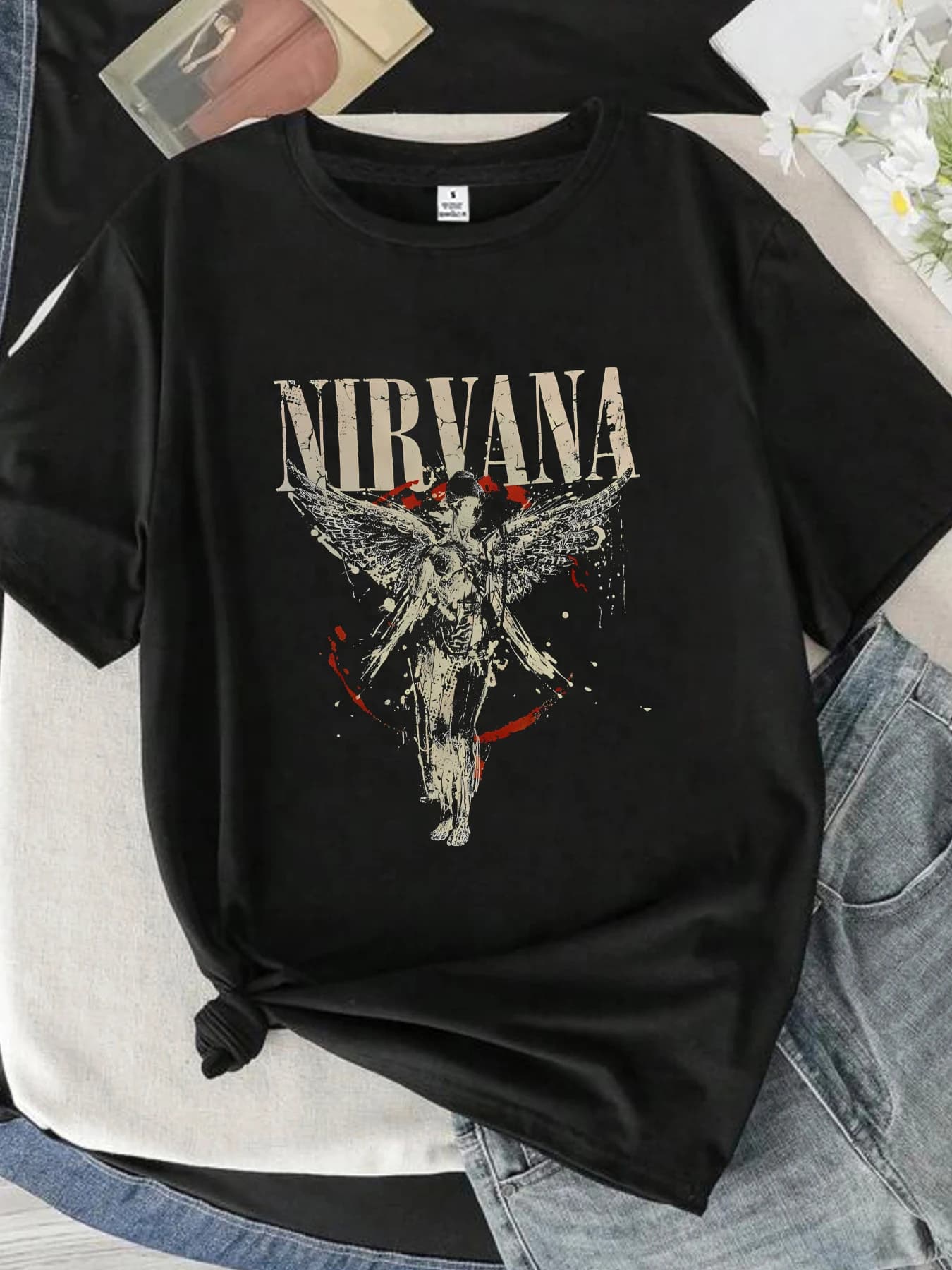 【0933】 Lettres et anges T-shirt col rond femme manches courtes mode imprimé demi-manches haut élasti