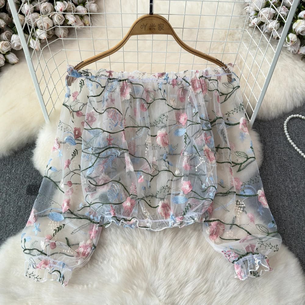 Chemisier en tulle à col slash pour femme, broderie de fleurs, chemise à manches longues bouffantes,