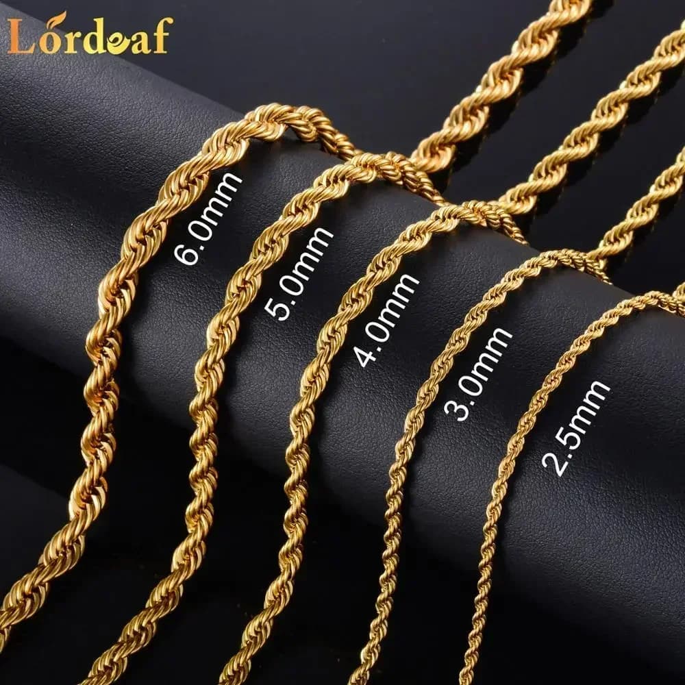 Chaîne de corde torsadée en acier inoxydable plaqué or véritable 18 carats, 2.5MM 3MM 4MM 5MM, ne se
