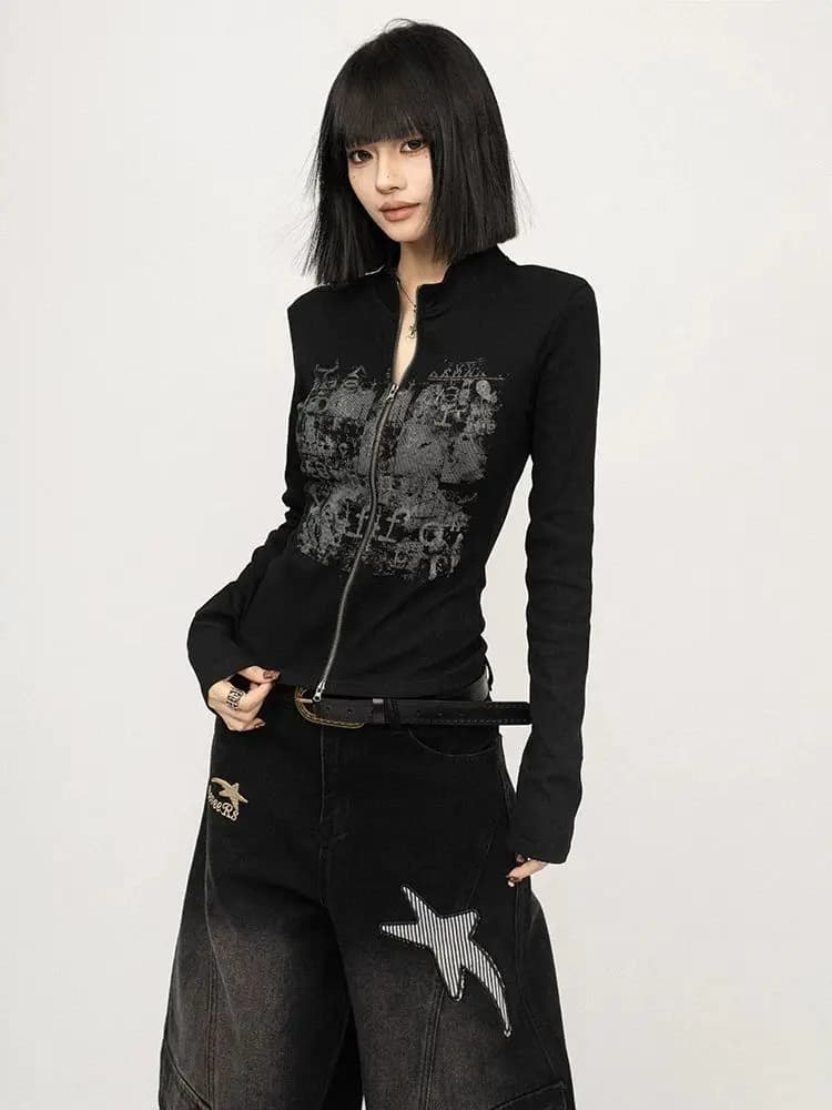 Kimotimo – Cardigan à manches longues pour femme, imprimé rétro américain, noir, fermeture éclair, P