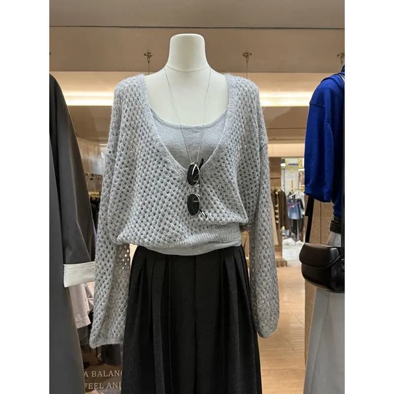 Pulls coréens 2 pièces ensembles évider tricot Pull coupe ajustée fronde gilet costume Sueter Mujer 