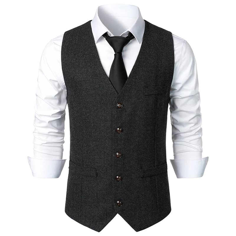 Gilet homme coupe ajustée sans manches laine Tweed Gilet hommes Double boutonnage chevrons Tweed Gil