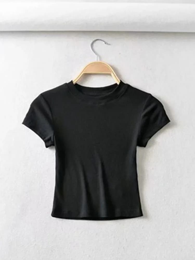 T-shirt à manches courtes et col rond pour femme, haut court, Slim, élastique, Sexy, été