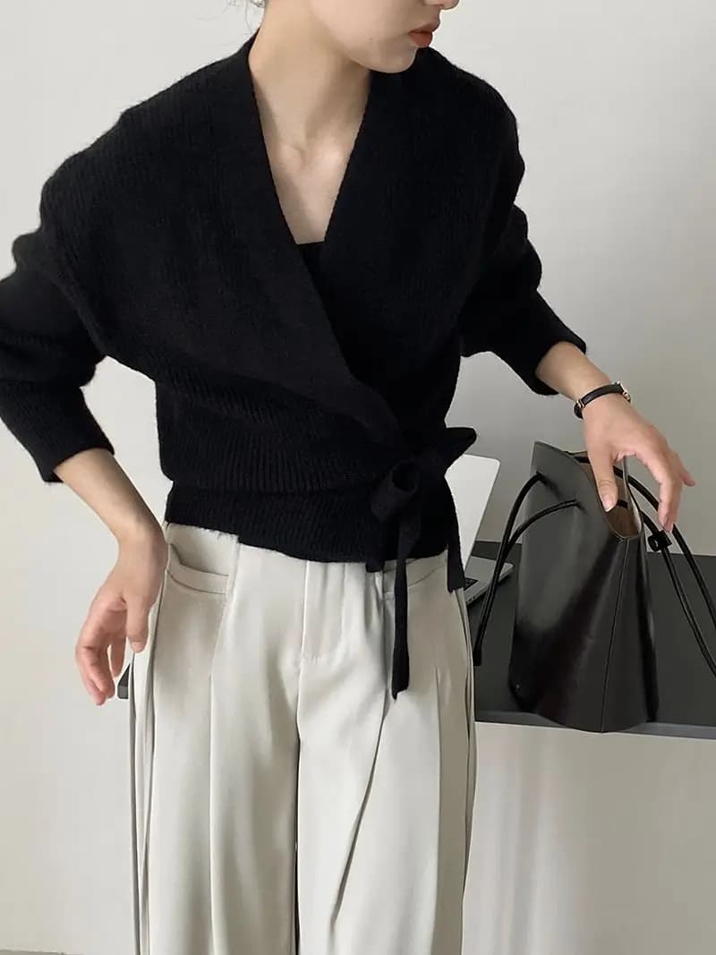 Pull col V à nœud papillon pour femme, collection début d'automne, cardigan court taille haute avec 