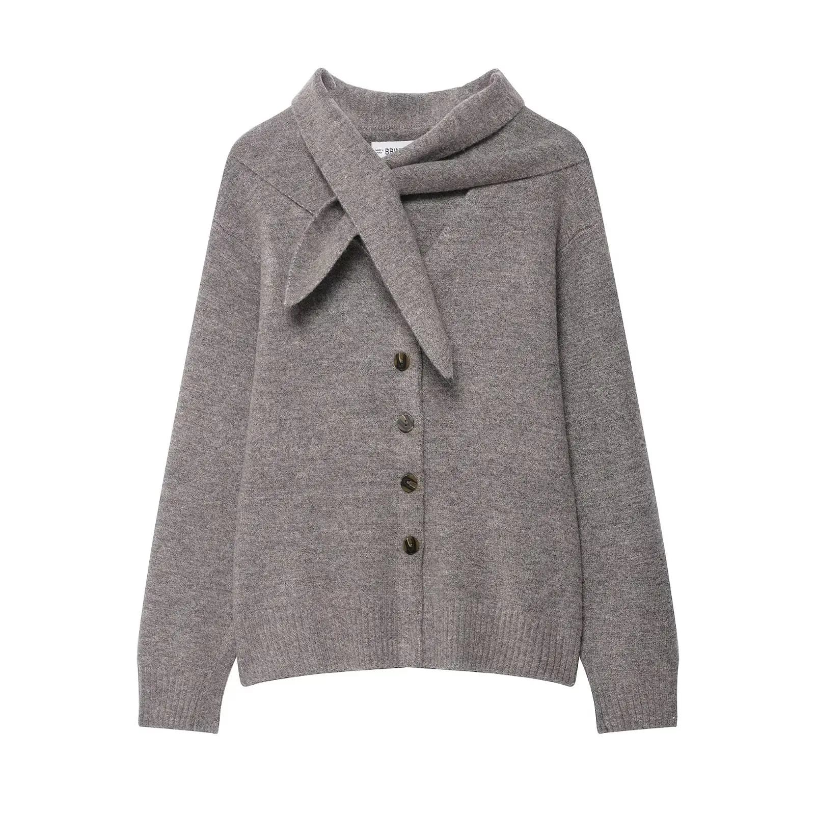 HH femmes printemps décontracté mince pull manteaux col écharpe simple boutonnage manches longues Ca