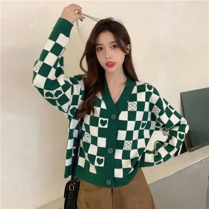 Veste pull en damier à col en v pour femme, Cardigan ample court à manches longues, haut en tricot, 