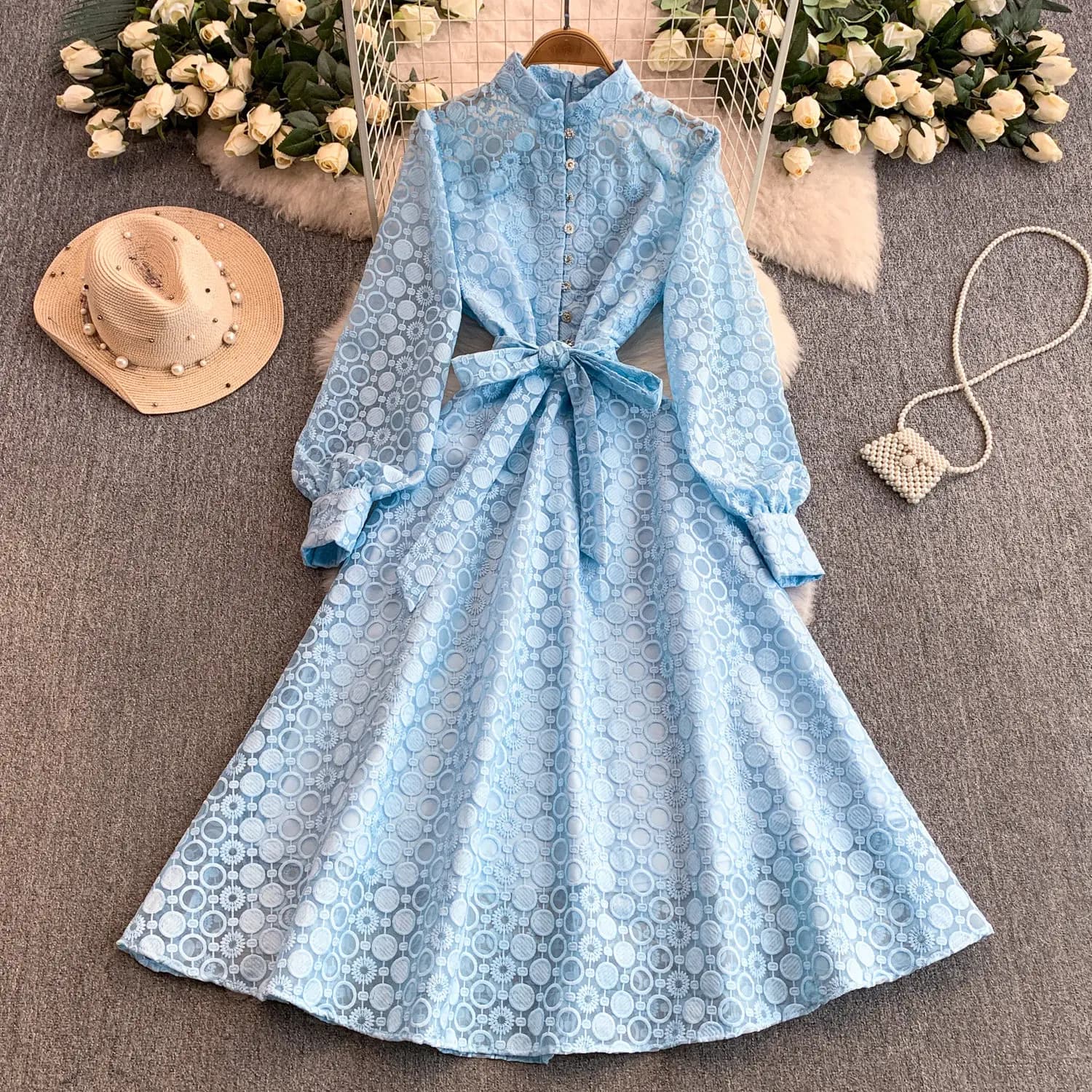 Robe longue à bandes Vintage pour femmes, élégante, française, col montant, manches longues, dentell