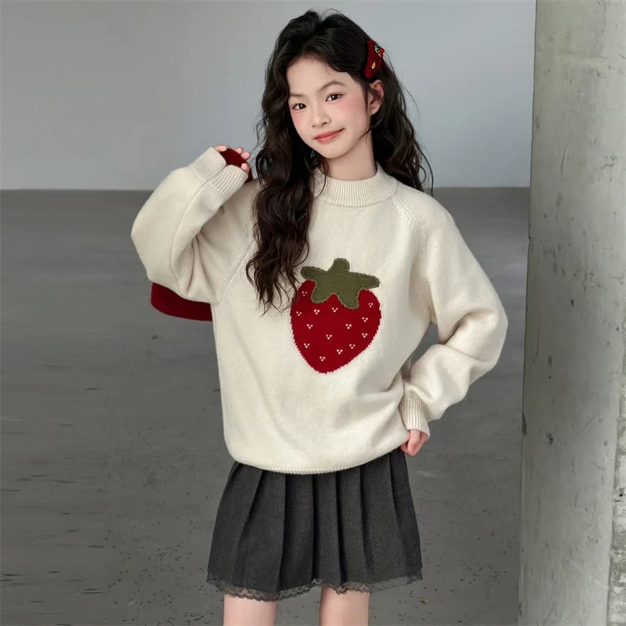 Pull de couleur Beige pour enfants, Style mignon avec fraise pour écolières, vêtements de printemps 
