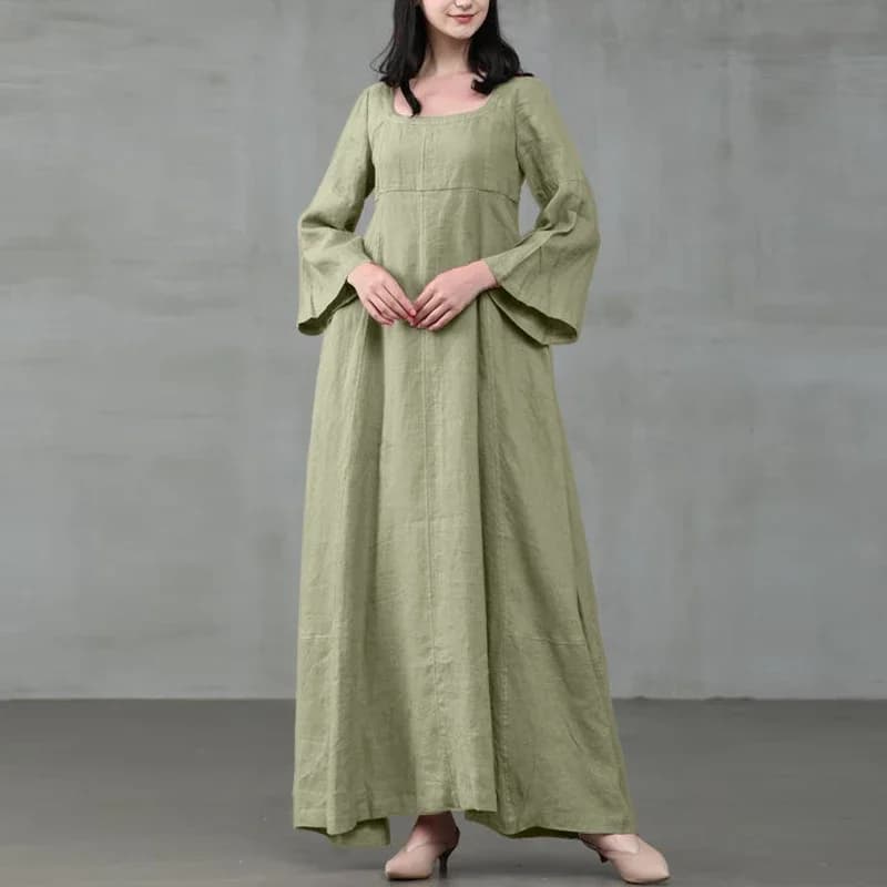 Robe Vintage en coton et lin pour femmes, col carré, manches longues évasées, robes de soirée amples
