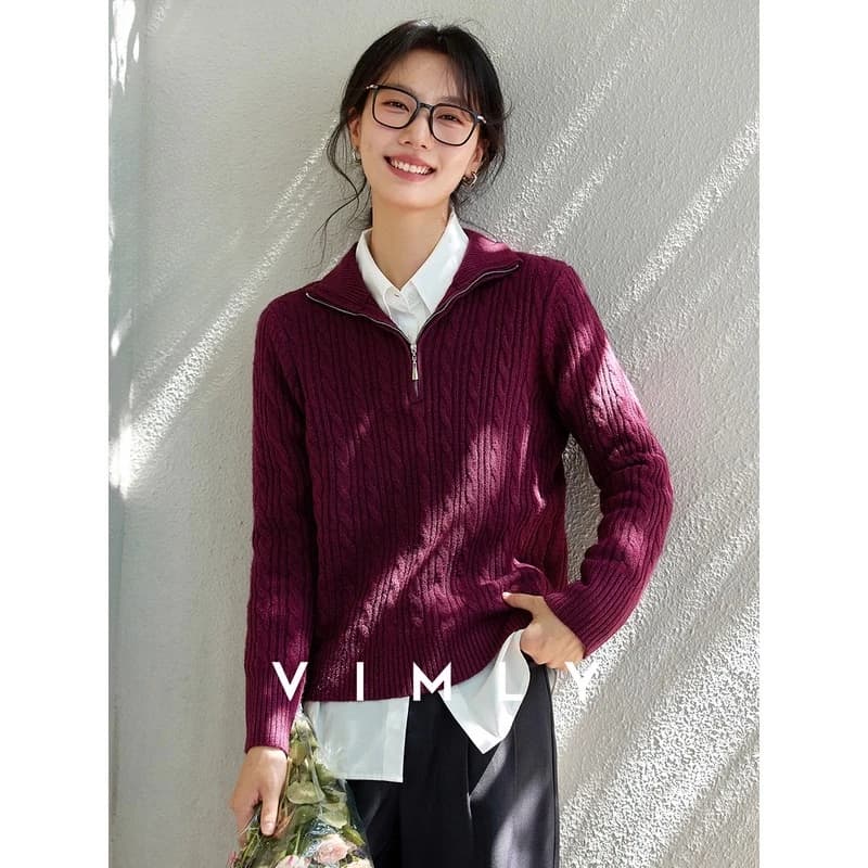 VIMLY vert laine mélangée torsion pull femmes automne 25 nouveau paresseux vent revers tricoté pull 