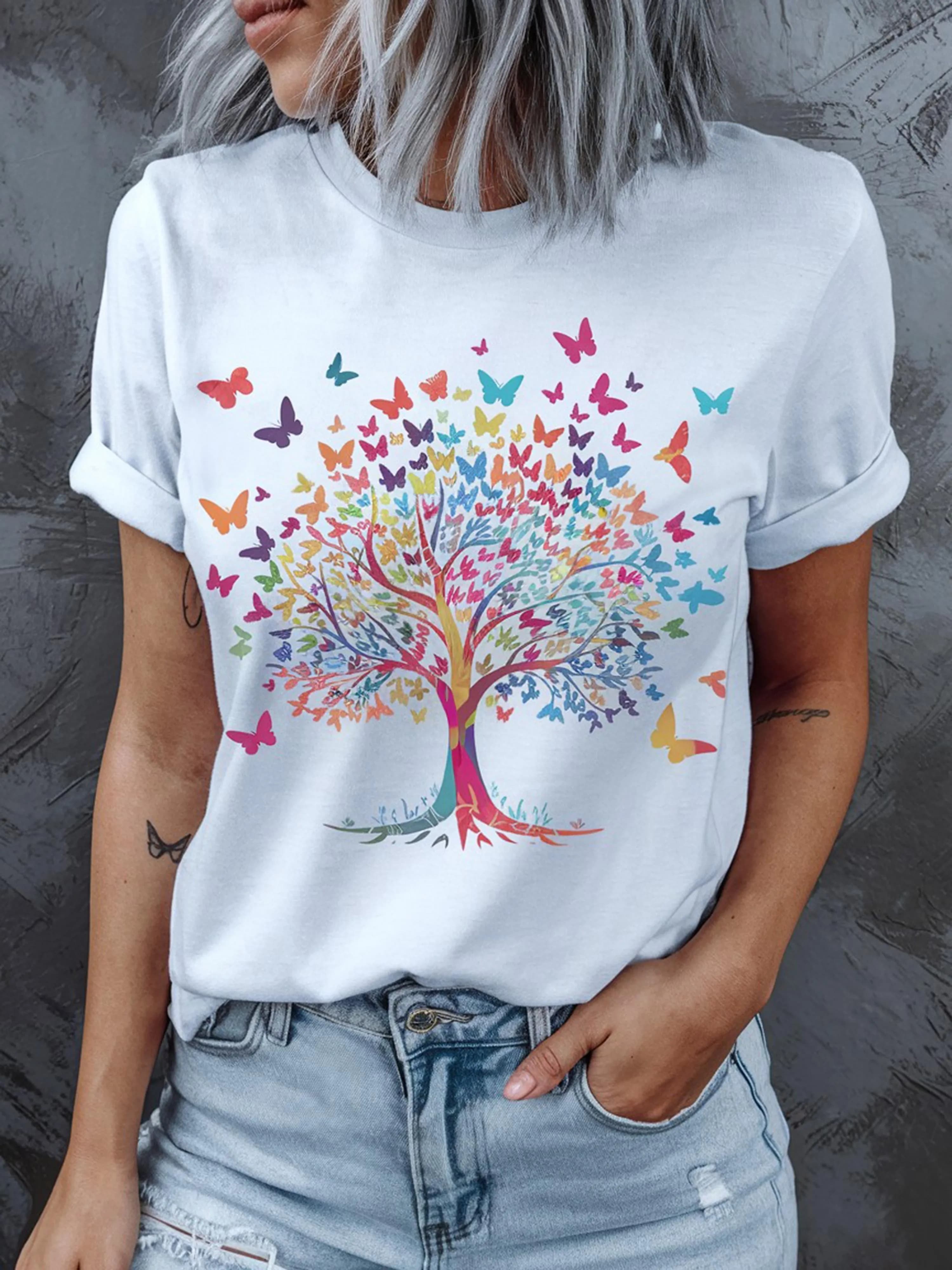 T-shirt col rond femme imprimé arbre papillon coloré motif géométrique tissu tricoté T-shirt confort