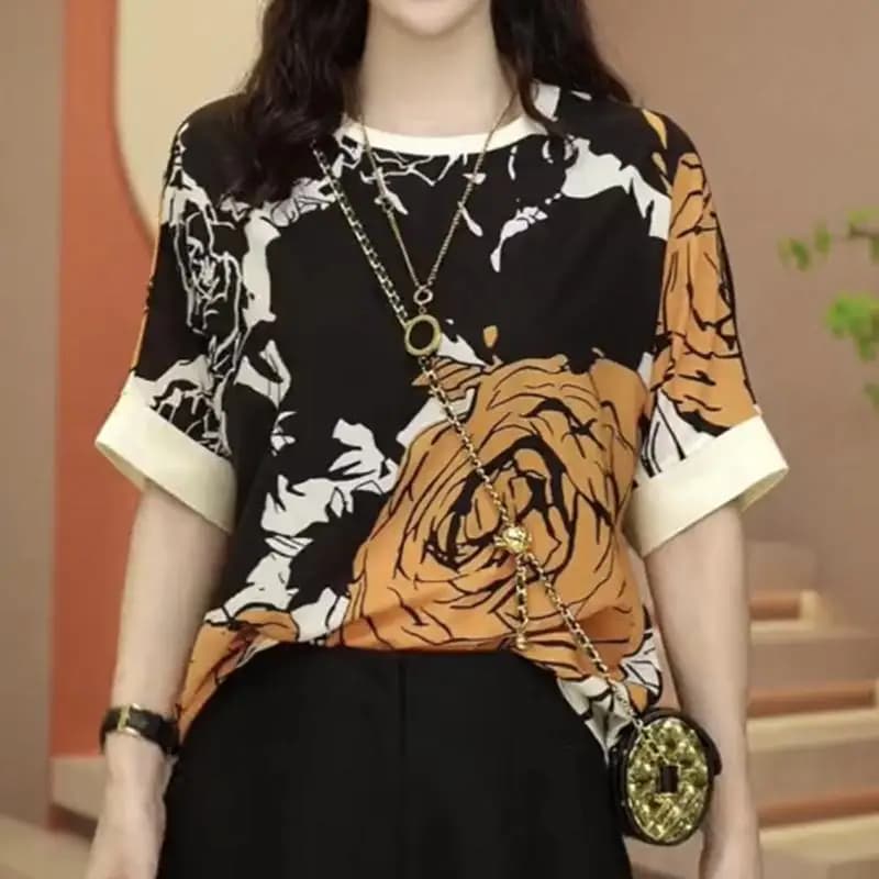 T-shirt à manches courtes pour femmes, ample et polyvalent, col rond, à la mode, nouveaux hauts impr