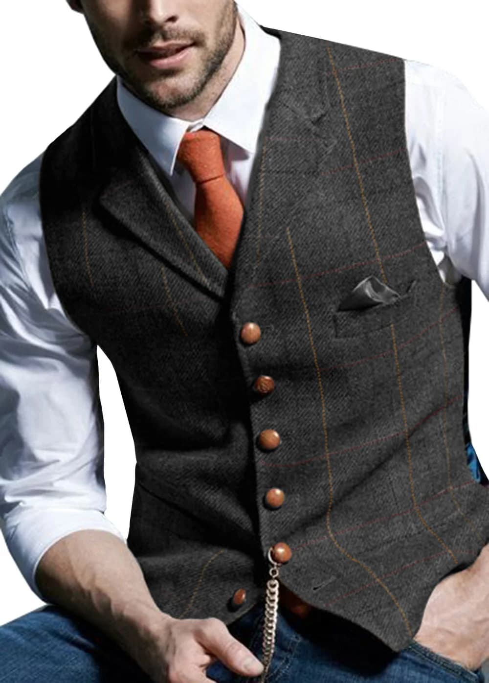 Gilet de costume pour homme en laine à chevrons et tweed, à revers crantés, à motif écossais, décont