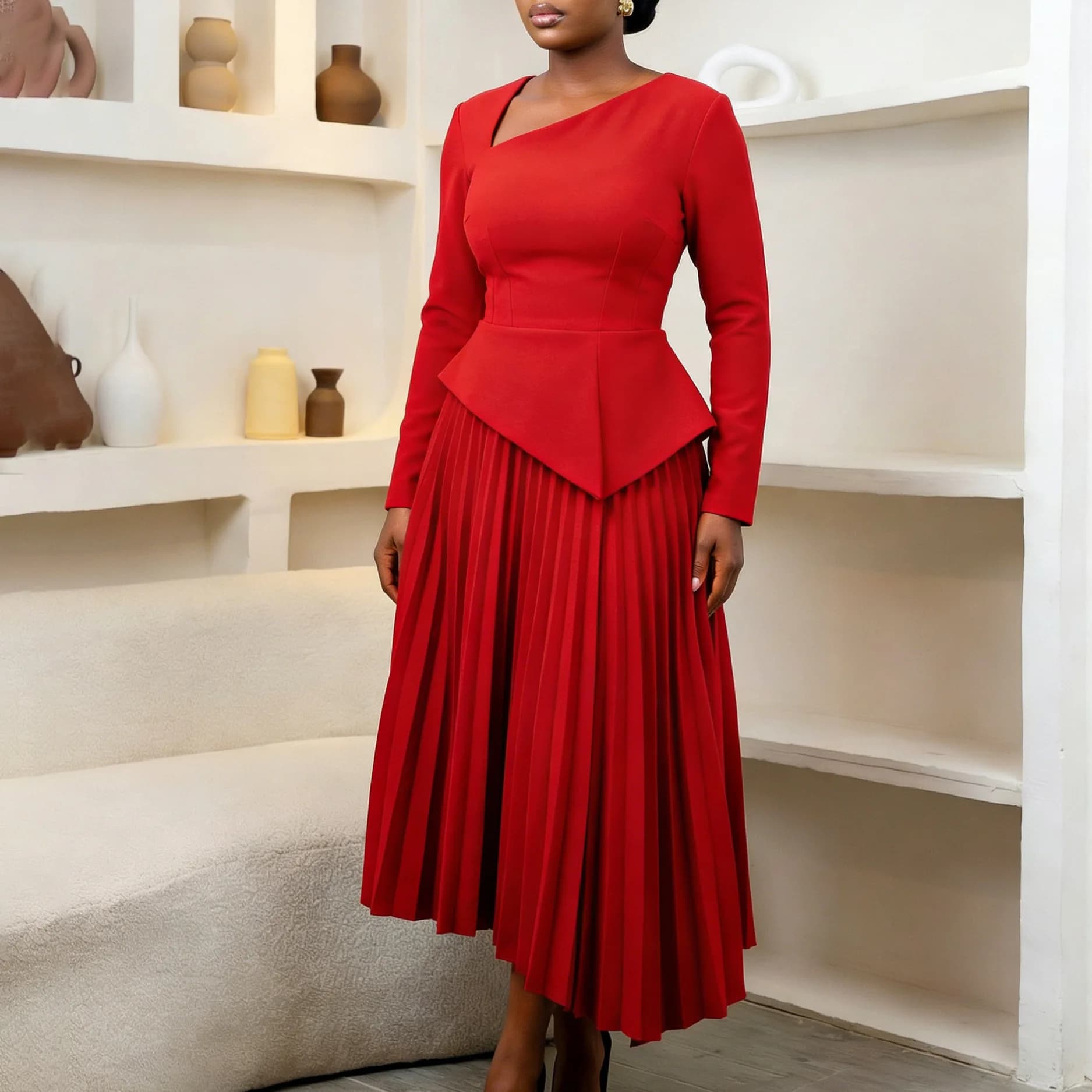 Robe élégante mi-longue à col asymétrique et taille haute, style chic pour le bureau, en polyester, 