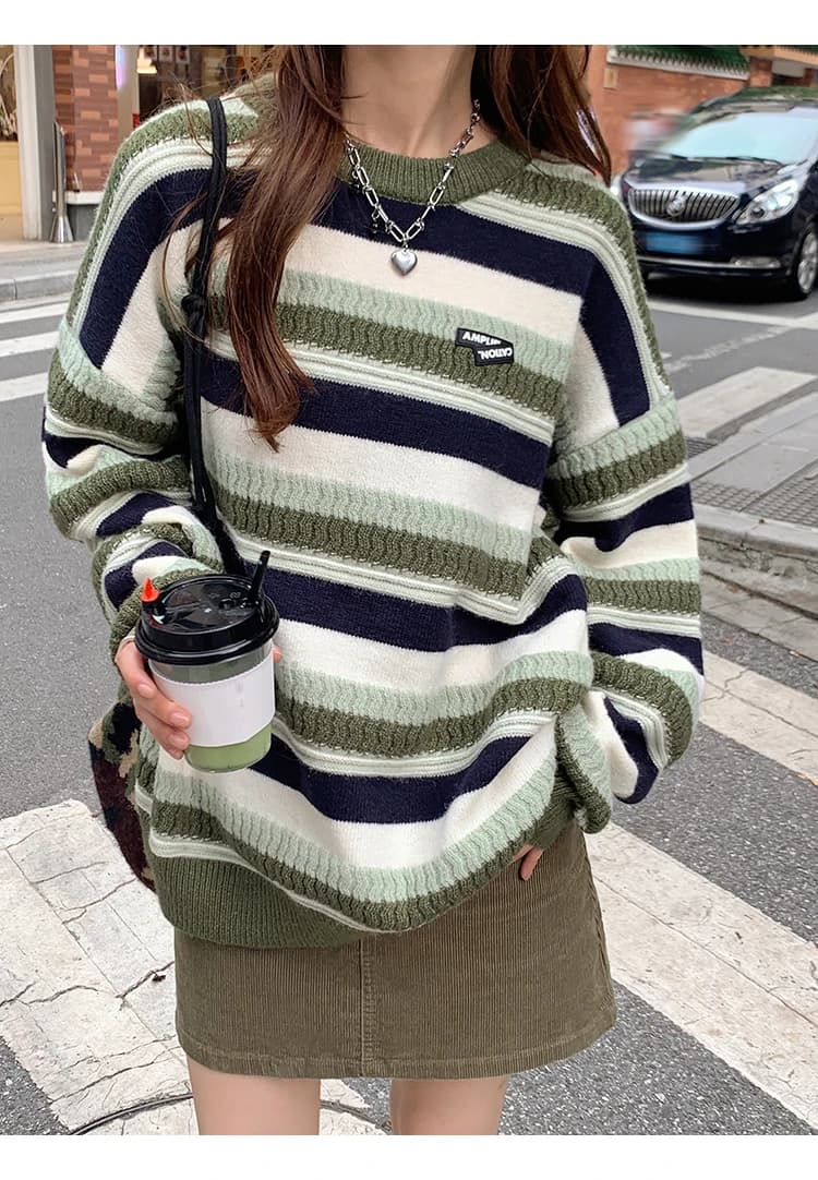 Pull tricoté à rayures vertes pour femme, ample, décontracté, basique, manches longues, col rond, no