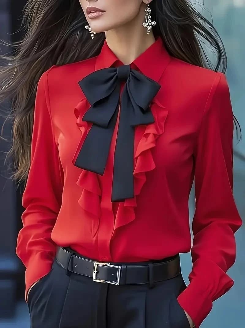 Chemisier formel à manches longues pour femmes, col de chemise, nœud papillon, volants