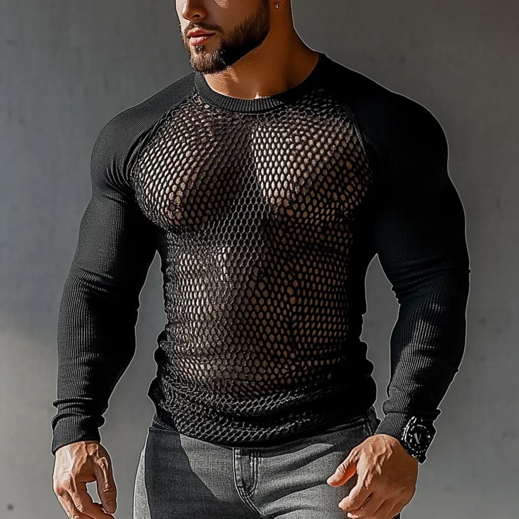 T-shirt noir à manches longues en maille pour hommes, tendance sexy, adapté à un usage quotidien et 