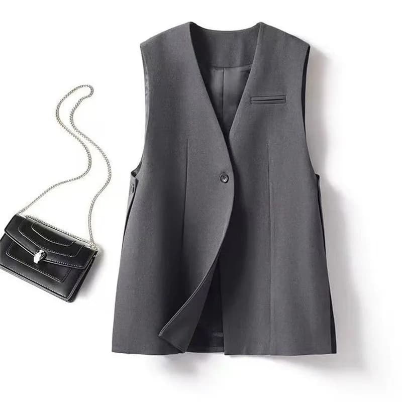 Gilet de costume élégant à fente latérale pour femme, sans manches, col en V, en polyester, style dé