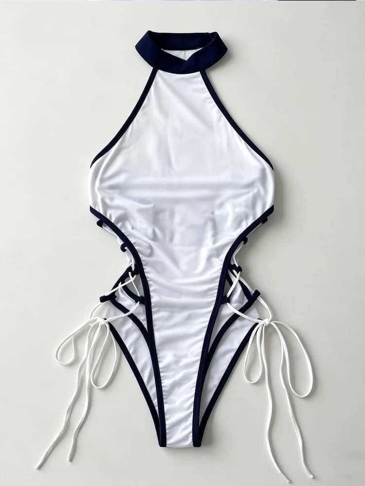 Ensemble deux pièces pour femmes, col marin, bleu marine, blanc, avec nœud décoratif, en tissu mouss