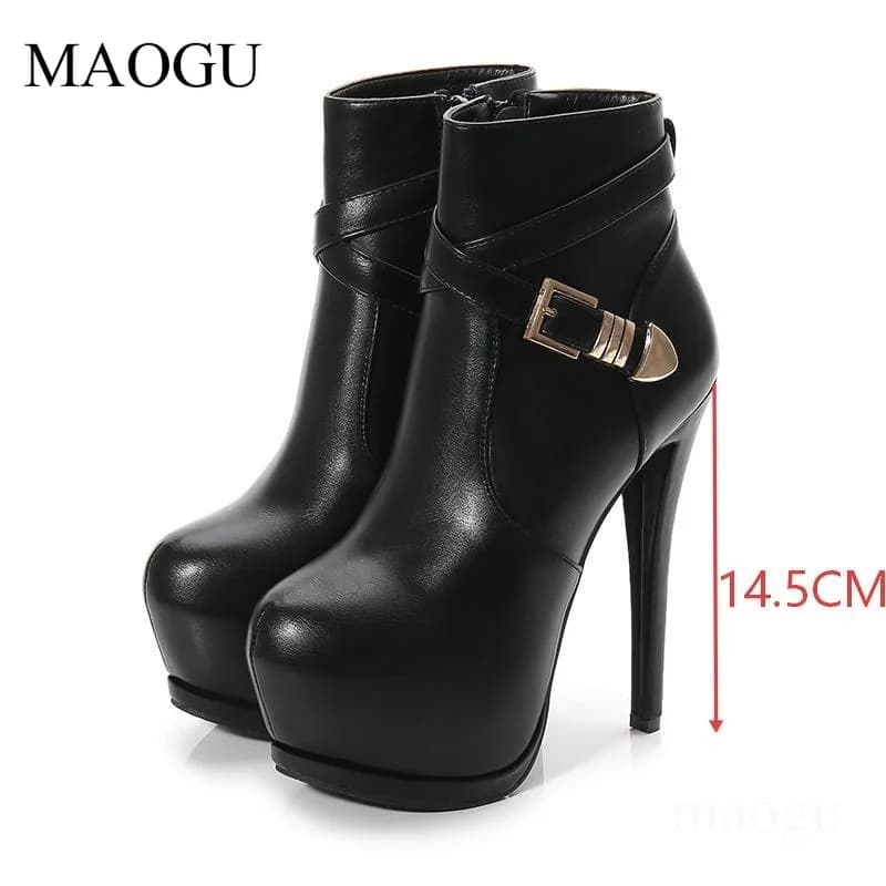 Bottines à talons aiguilles noires pour femmes Bout rond Boucle à lanières Talons hauts Plateforme B