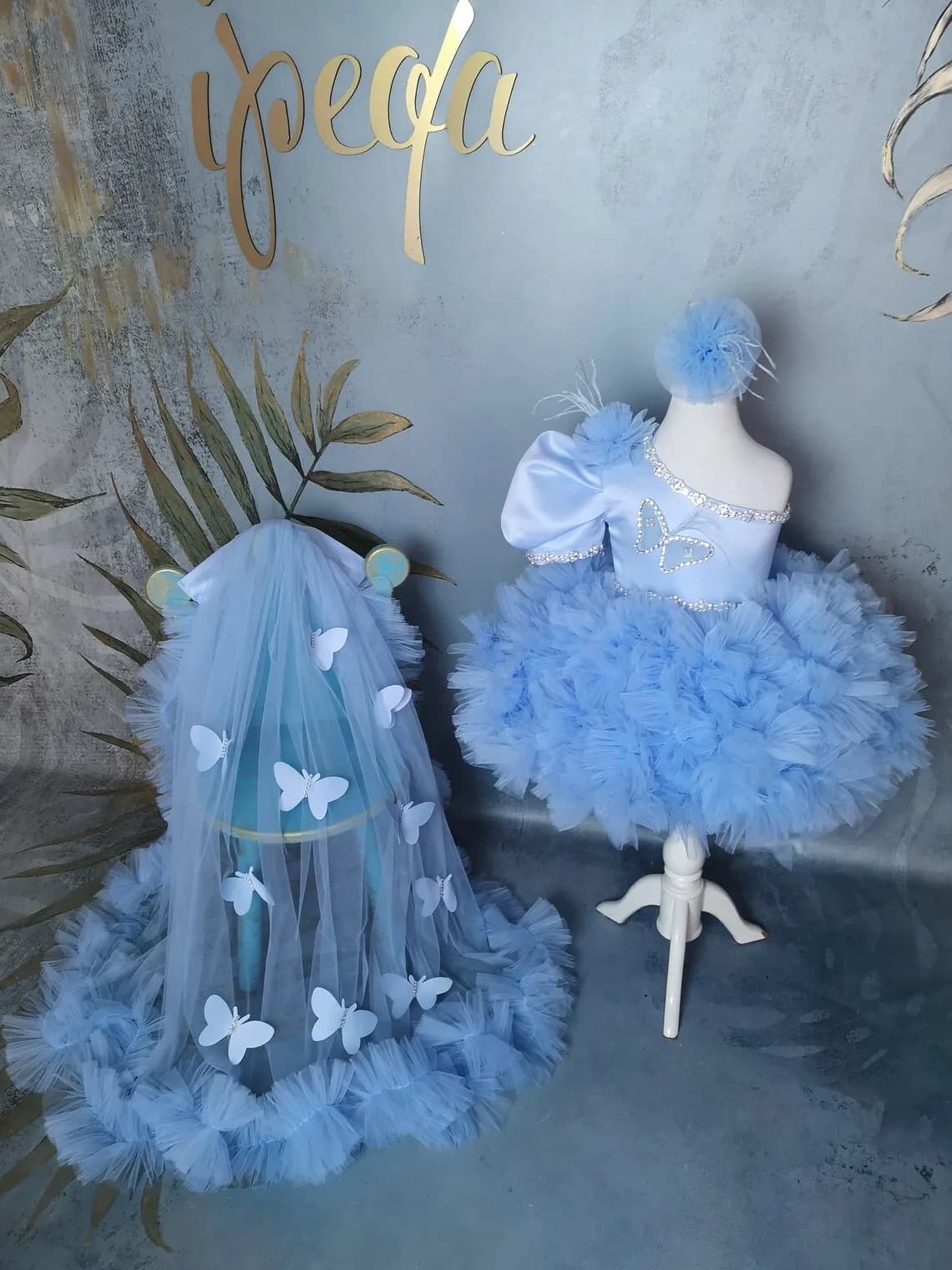 Robe bouffante bleue à fleurs pour filles, asymétrique épaule dénudée, en Tulle, papillon, robe de f