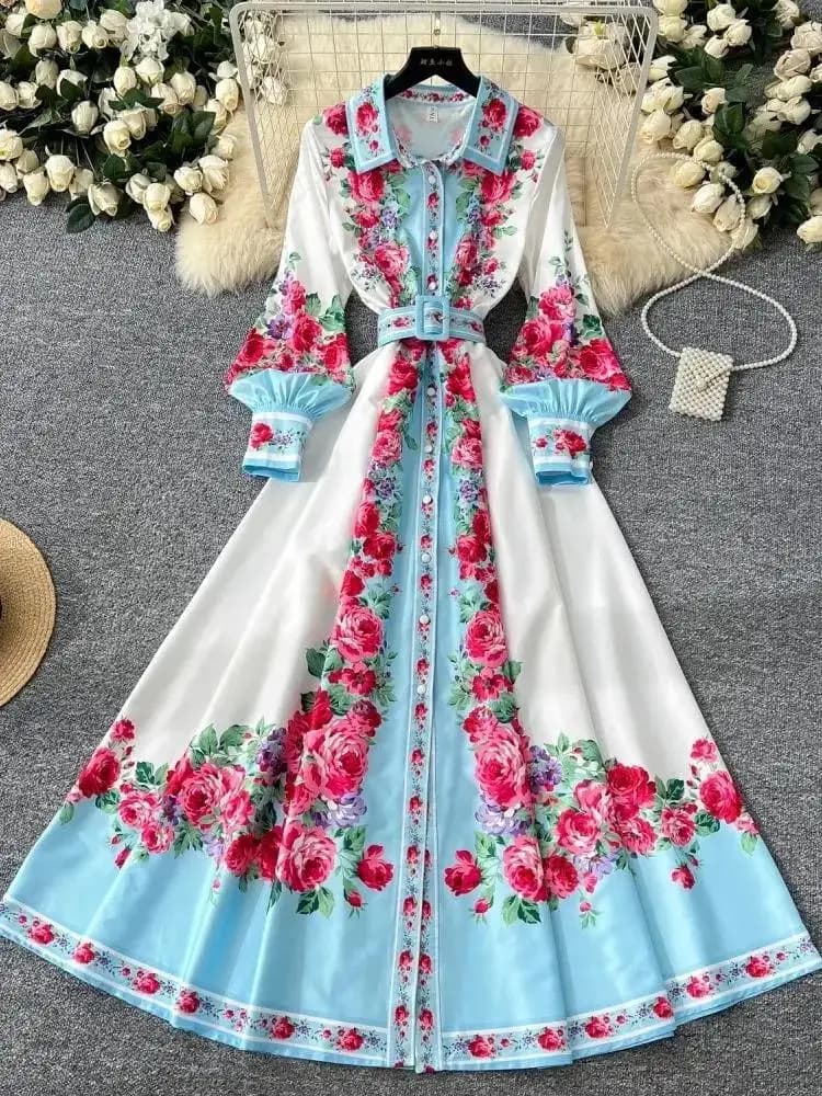 Robe maxi bohème à manches longues lanterne pour femmes, col chemise, ceinture, mode de piste, luxe,