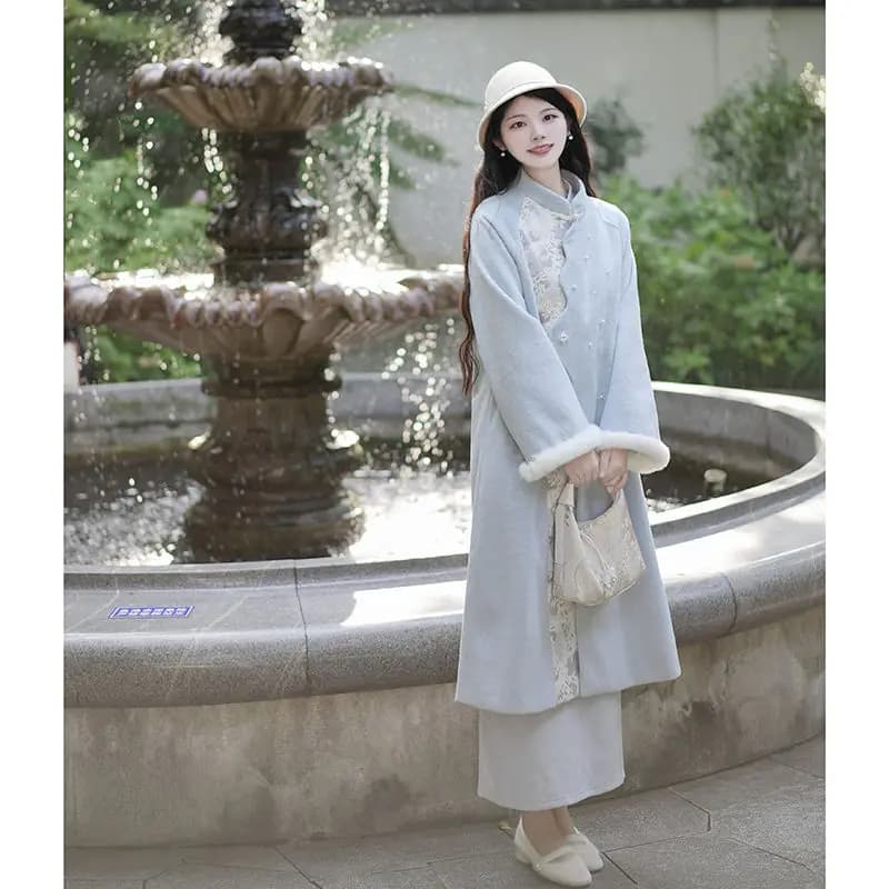 Manteau Long chinois rétro brodé à manches évasées pour femme, col mi-haut, ample, épissé, élégant, 