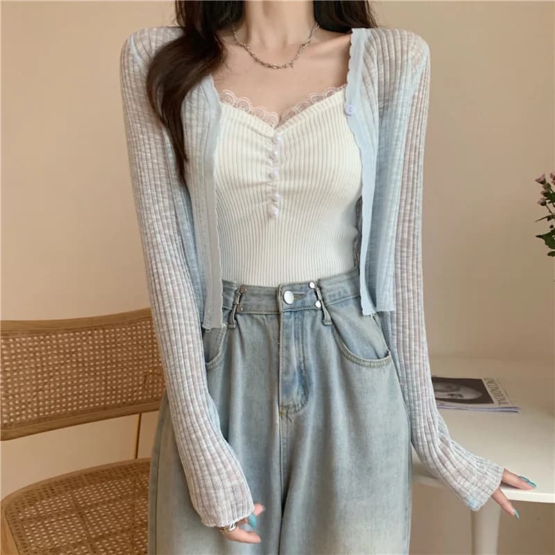 Cardigan court en tricot léger pour femme, couleur pastel estivale, manches longues, boutons sur le 