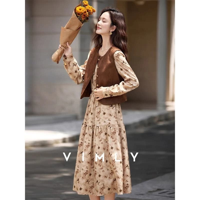 VIMLY Tenues de Vacances Femme 2026 – Ensemble Robe et Gilet Vintage Français Automne Marron Imprimé