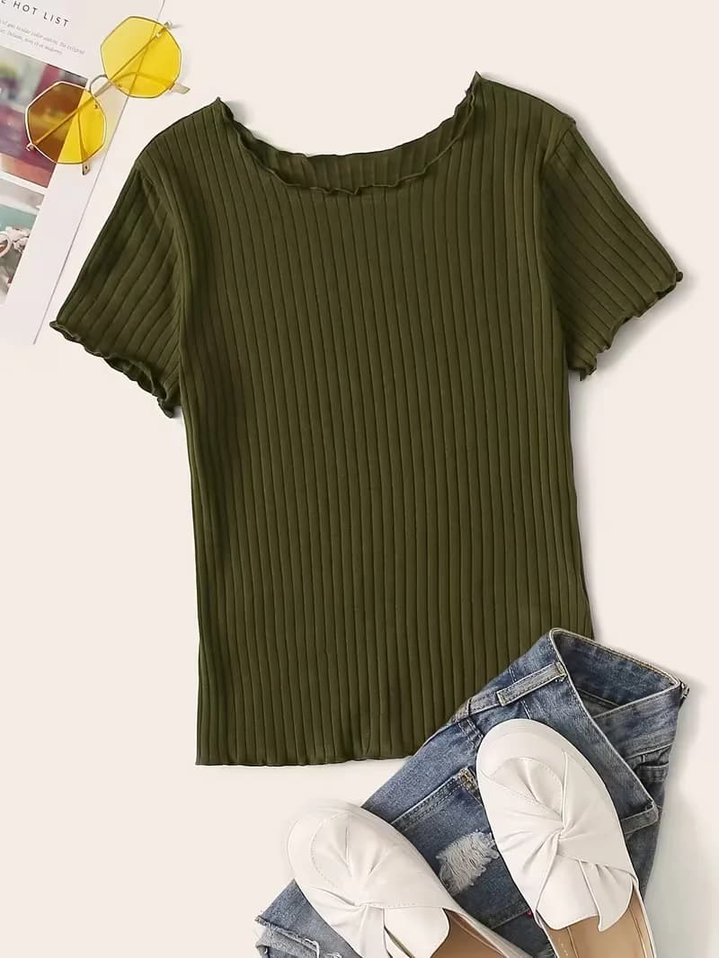 T-shirt côtelé bordeaux uni à manches courtes pour femme, col rond à bord ondulé, coupe ajustée, déc